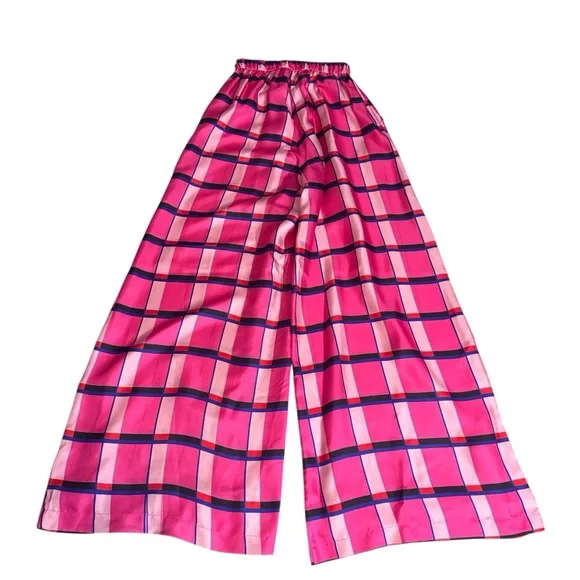 Paper London Size 6 Pink Silk Miami Check Wide Leg Pants Trousers Chic Pockets - Picture 6 of 8